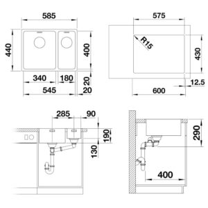 BLANCO ANDANO 340 180-IF roostevaba valamu joonis