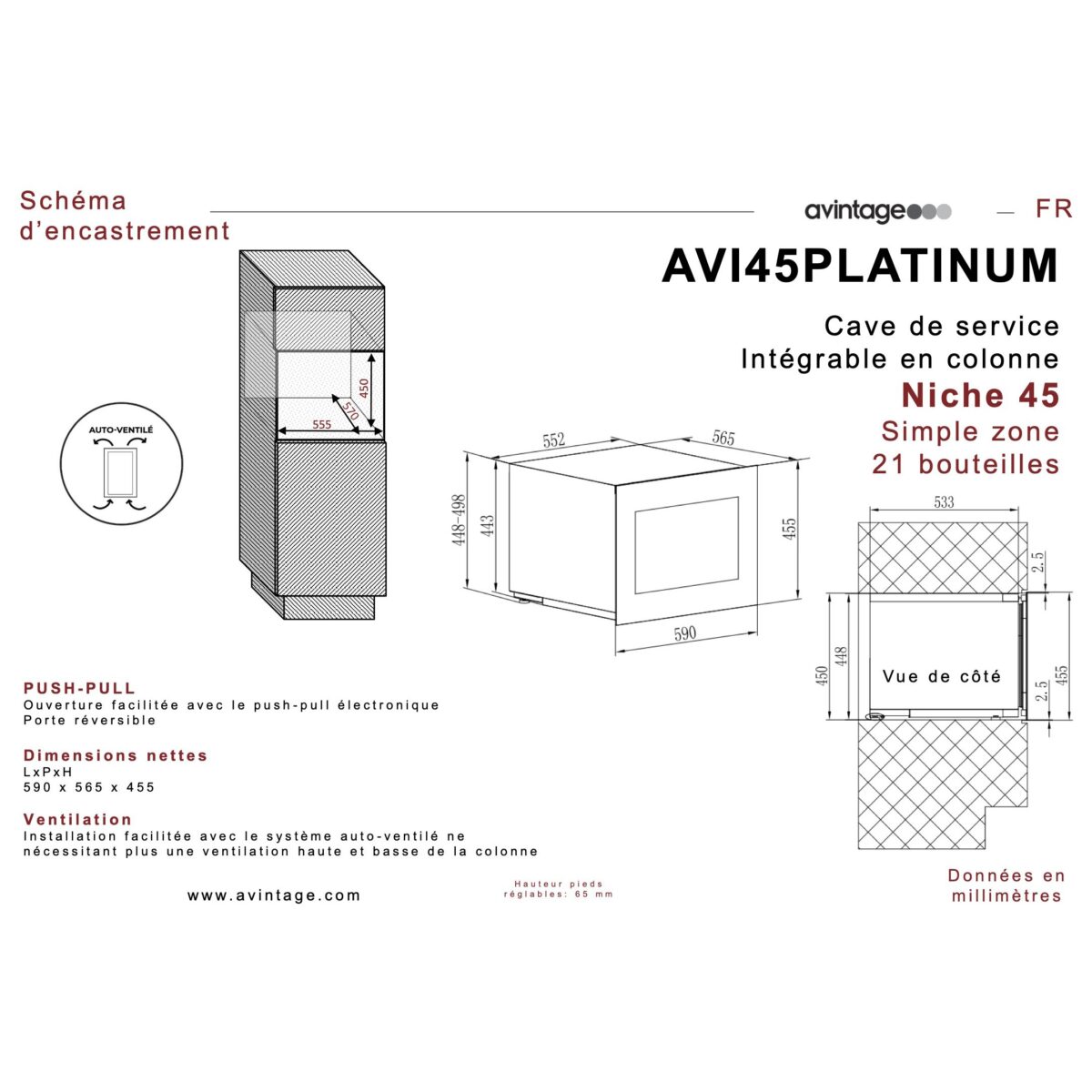 Avintage AVI45PLATINUM integreeritav veinikülmik joonis